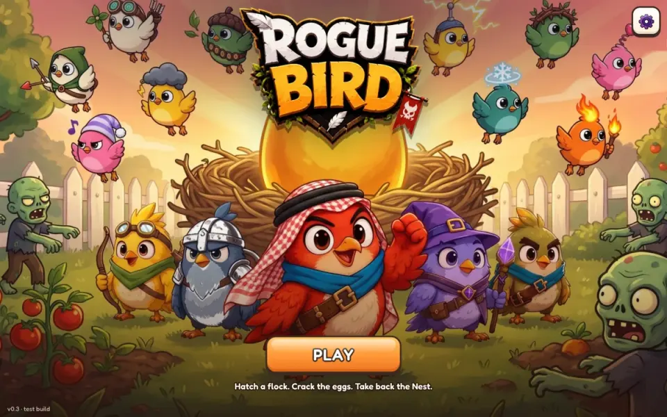 Rogue Bird 2 title screen: Rami the bird and a flock of chicks in front of a giant nest